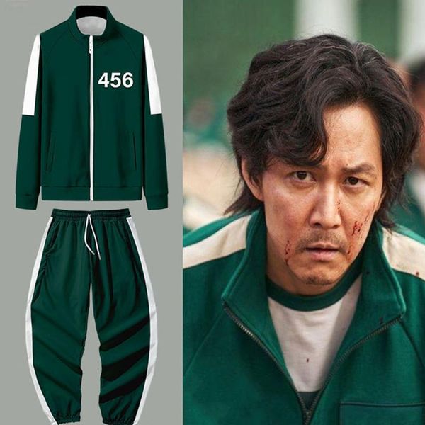 

running sets 456 squid game jacket men korean li zhengjae t shirt 067 same model cosplay sweater round sportswear with plus size, Black;blue