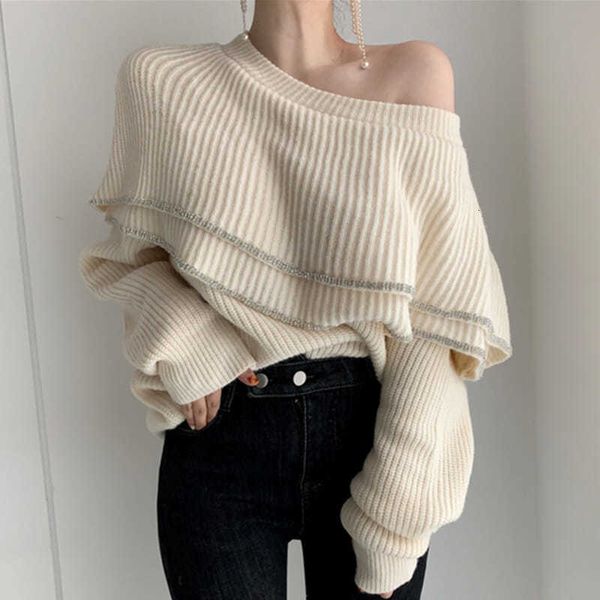 

2021 new design solid double ruffles leakage shoulder bright silk binding patchwork full sweaters for women szhy, White;black