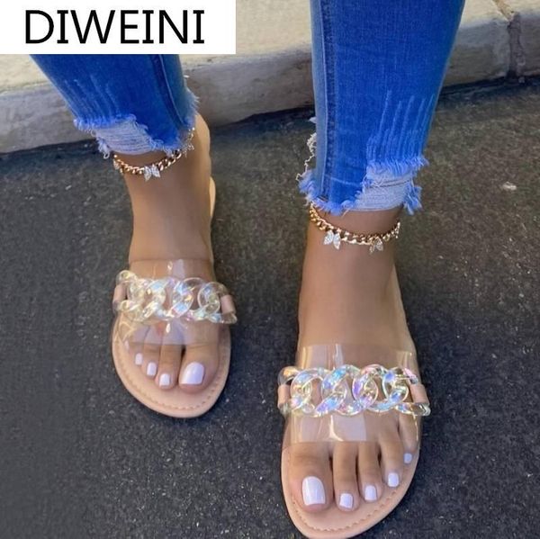 

sandals 2021 style flat fashion solid color chain open toe outdoor women's plus size 43 zapatosmujer tacon cuadrado, Black