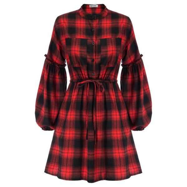 

casual dresses vintage cotton women plaided mini dress long lantern sleeve stand collar spring autumn swing a-line shirt female, Black;gray