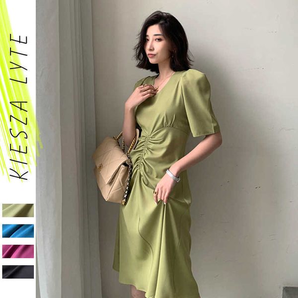 

puff sleeve dress women summer style solid color v neck niche vintage french dresses office lady outfit 210608, Black;gray