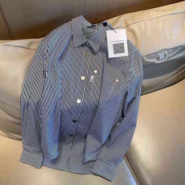 

high version 2021 autumn new fashion small fragrance stripe simple and comfortable breathable casual couple lapel shirt, White