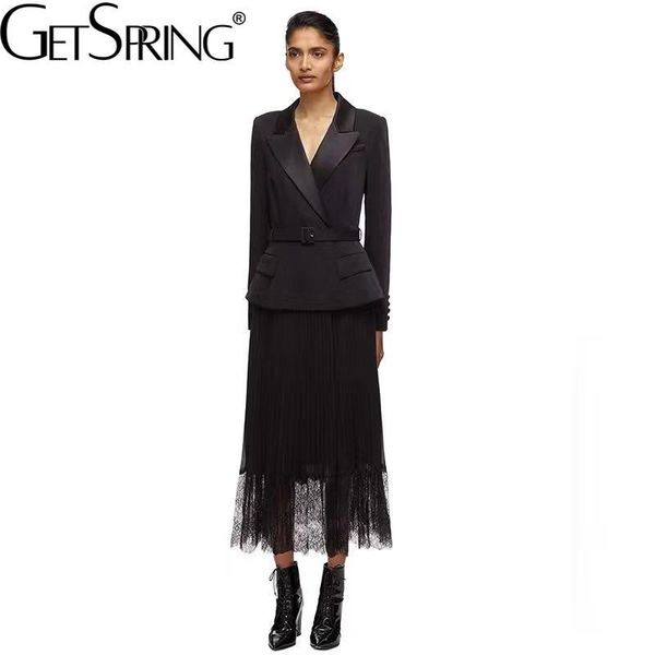 

casual dresses getspring women dress fake two lace patchwork blazer long sleeve vintage spring/autumn 2021, Black;gray