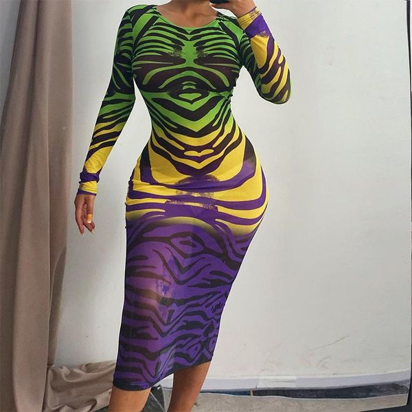 

casual dresses 2021 fashion lady tiger stripe pattern print sheath dress women long sleeve crew neck bodycon midi club party outfit, Black;gray