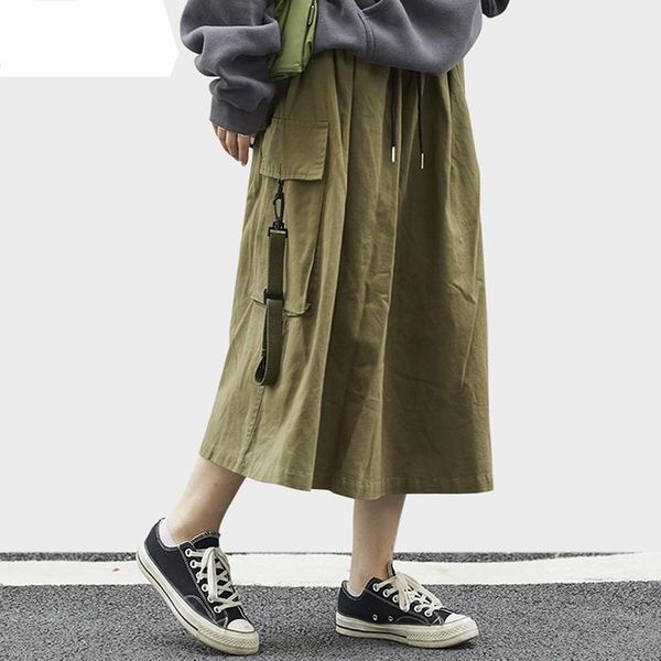 

2021 harajuku women skirt streetwear hip hip cargo skirt big side pockets fashion korean loose a line calf length cotton, Black