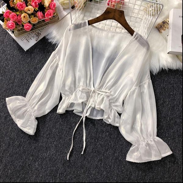 

summer womens sunscreen cardigan flare sleeve chiffon shirt womens thin shawl cardigan gd418, White