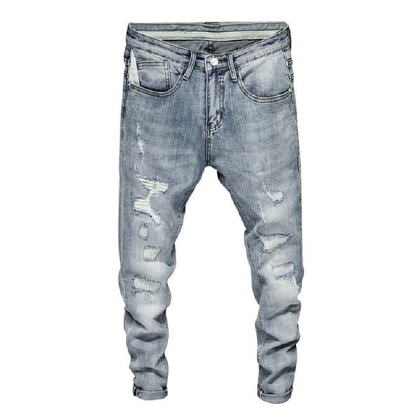 

men's jeans mens ripped skinny blue elasticity high street wear light hip hop frayed homme patchwork biker male denim pants