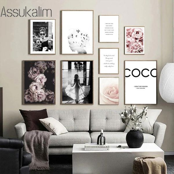 

paintings fashion wall print girls canvas painting pink flower poster quote prints nordic posters modern pictures bedroom decor