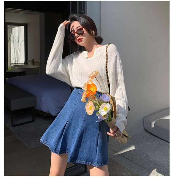 

slightly fat mm denim women's spring 2021 new pleated large size slim a-line skirt women, Black