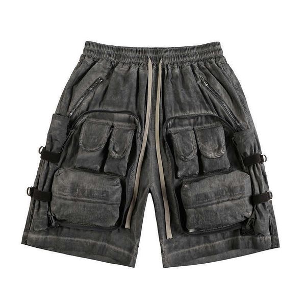 

high street fashion zipper square large pocket overalls casual elastic belt shorts, White;black