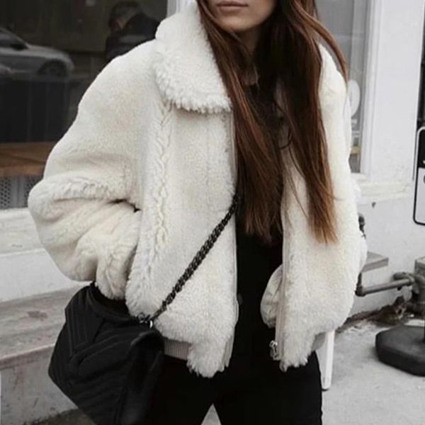 

women's fur & faux short winter coat women 2021 elegant fashion lapel zipper shaggy thick warm lady casual outwears, Black