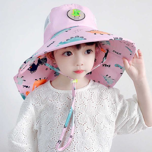 

children cartoon sunshade hat girls summer shawl mesh sunscreen outdoor boys walking uv, Yellow
