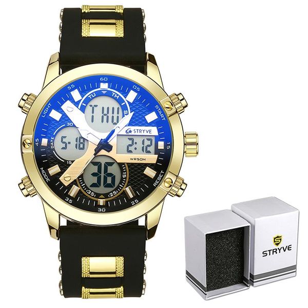 

wristwatches stryve sports brand 8021 men watches dual time date week electronic clock waterproof military quartz digital watch reloj hombre, Slivery;brown