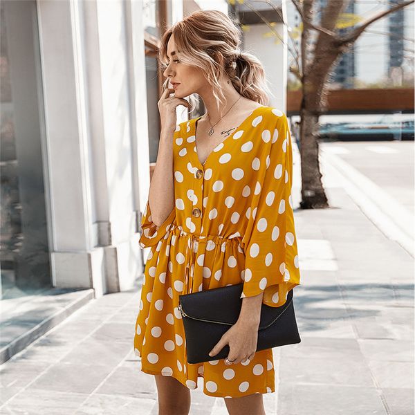 

2021 new summer women's v neck polka dot short raglan sleeves button high waist elegant print lace up ladies cxn8, Black;gray