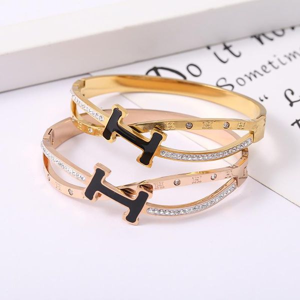

bangle fashion ladies bracelet pearl letter h gold simple snap-on stainless steel women's wholesale, Black