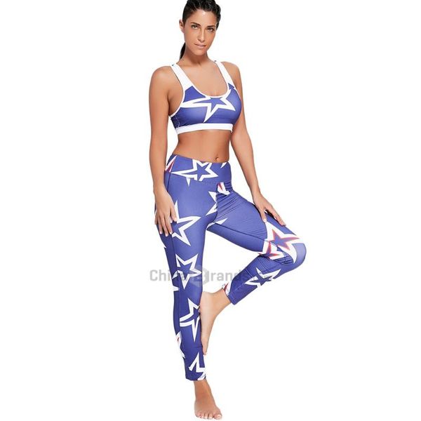 

fitness women set ropa yoga mujer workout stars printed u neck bra and sports leggings, White;red