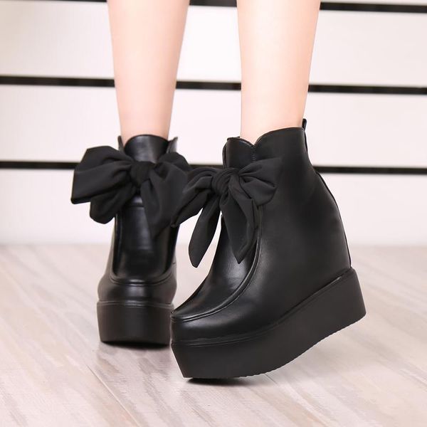 

boots thick sole winter waterproof ankle woman fashion bowknot combat platform leather black heel booties con flecos