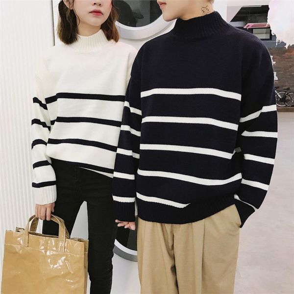 

men's sweaters striped sweater fashion casual pullover male clothes loose long-sleeved autumn winter half high collar coat, White;black