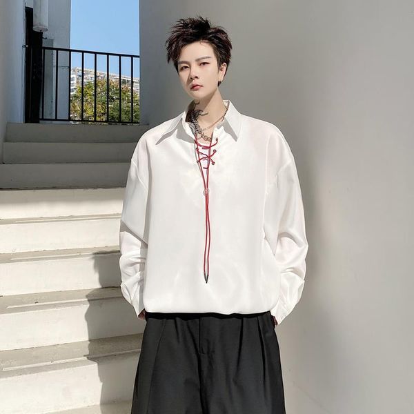 

men's casual shirts 2021 autumn men red rope decoration streetwear vintage fashion loose pullover long sleeve man dress shirt, White;black