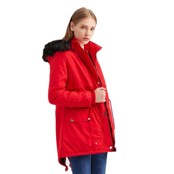 

winter fur collar cotton coat women 21 thicken hooded detachable mid-length loose plus velvet warm red jacket female lr1341 210531, Black