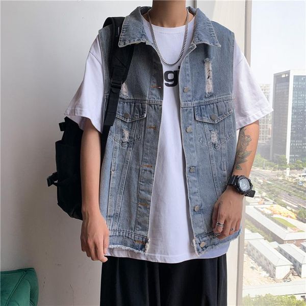 

men's vests ripped denim vest men and women summer tide brand loose casual japanese harajuku style waistcoat couples jacket, Black;white