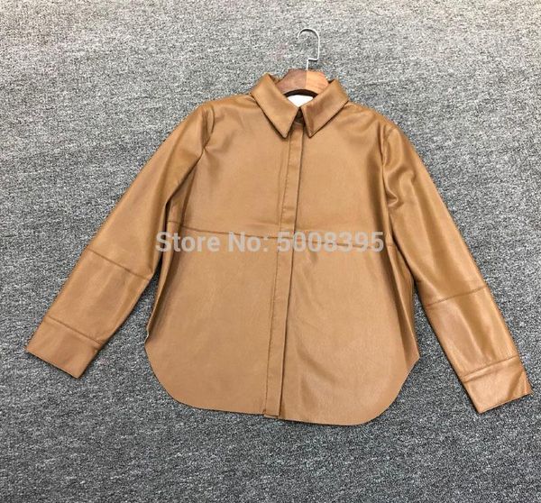 

women's leather & faux [elfstyle] - woman brown pu effect shirt collar long sleeves button cuffs curved hem fashion jackets top, Black