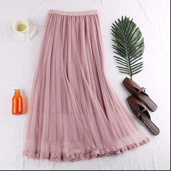 

qian si chen e53 spring new arrival skirt women pink skirt empire slender double layer mesh pleated half length korean summer, Black