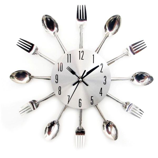

unique living room large 3d spoon cutlery decoration modern wall clock silver stylish silent kitchen tableware metal