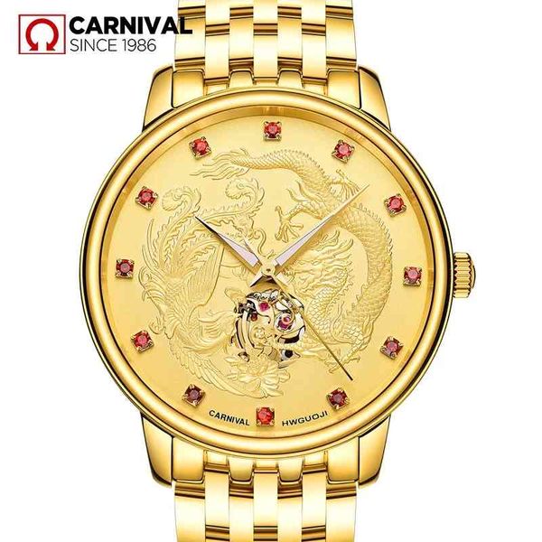 

carnival brand luxury gold automatic watch man mode waterproof dragon hollow sapphire mechanical relogio masculino, Slivery;brown