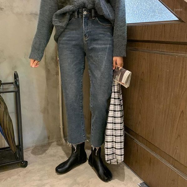 

personalized ripped high waist 9-point jeans for women autumn and winter 2019 korean casual straight pants for women1, Blue