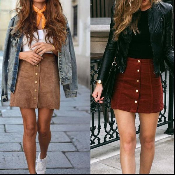 

new autumn winter women ladies casual a line slim fit solid color suede leather high waist button mini skirt fashion size s, Black