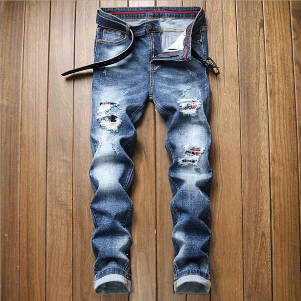 

men's jeans 2021 european blue hole slim straight casual fashion