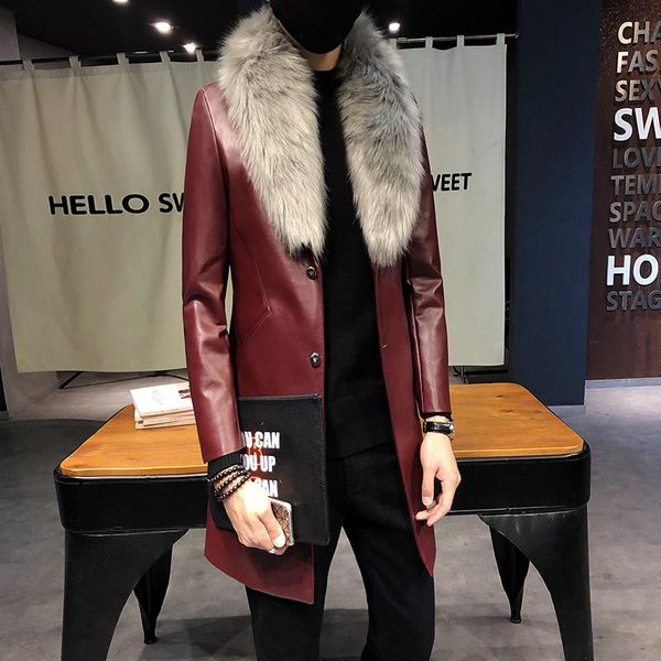 

men's fur & faux cultivate one's morality and collars leather windbreaker male winter flocking motorcycle jacket, Black