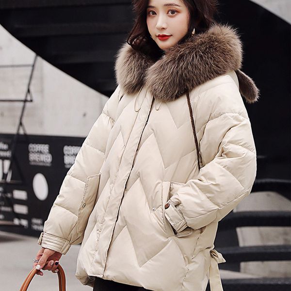

2021 new winter women rabbit ear hood loose parkas natural fur collar 90% white duck down coat thick warm oversize outwear, Black