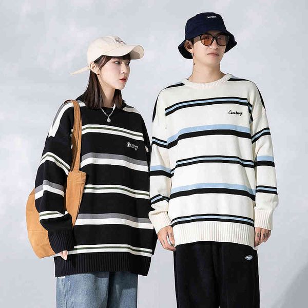 

mens harajuku stripe knitted jumpers sweaters streetwear hip hop casual pullover knitwear women fashion crew neck, Black
