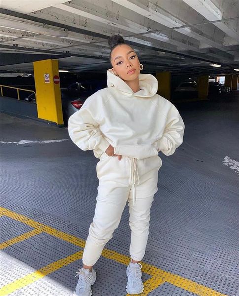 

solid set hooded sweatshirt jogger womens pants suit tracksuit matching two piece autumn winter casual outfits, White