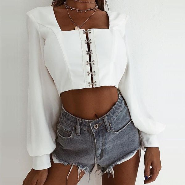 

women's blouses & shirts women backless lace up loose long sleeve square collar bandage blouse ladies club wear, White