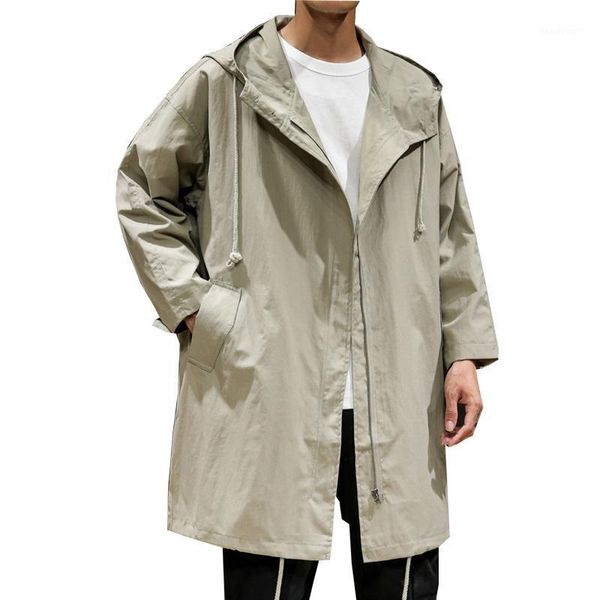 

men's trench coats 2021 autumn casual coat men brand fashion medium long sleeve solid pocket jacket loose windbreaker, Tan;black