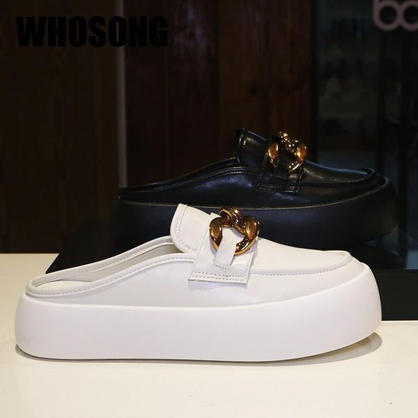 

slippers summer women girls chain slides woman soft round toe flats ladies outside fashion shoes female white brand, Black