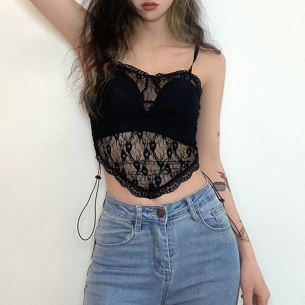 

2021 new lace hollow out summer camisole sleeveless straps black all-match crop women backless clubwear dghy, White
