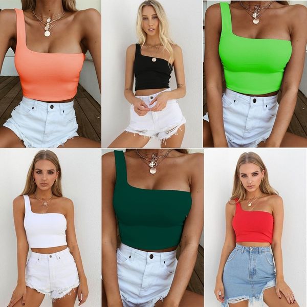 

2021 summer sleeveless one shoulder crop t shirt streetwear women fashion tank club party tt6d, White