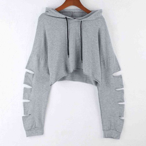 Мода Негабаритный Hoodie Женские Толстовки Хлопок Капшовная Девушка Обрезанная Пуловер Полая Отверстие Повседневная Толстовка Пот Куртка Одежда Y1118