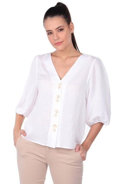 

women's blouses & shirts balloon sleeve v collar blouse, White