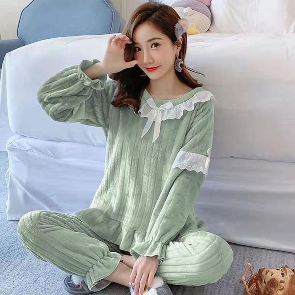 

winter korean style womens coral velvet pajamas suit warm cozy fabric sweet homewear 2 piece set ruffle sleeve bowknot design, Black;red