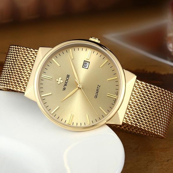 

wristwatches men simple slim watches gold steel mesh ultra thin waterproof date wrist watch golden clock with box pack, Slivery;brown