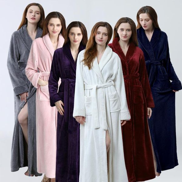 

women nightgowns sleepwear robes bathrobe autumn and winter pajamas thickened lengthened flannel ladies femme woman 2020, Black;red