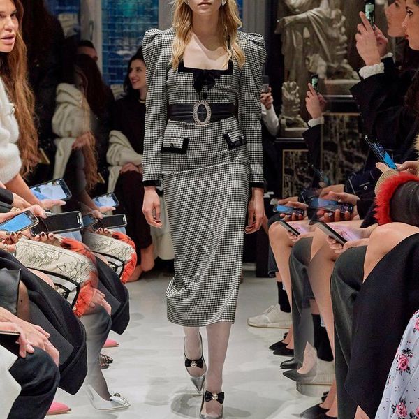 

casual dresses vintage houndstooth for women spring autumn elegant bow long sleeve slim midi dress female runway robe femme, Black;gray