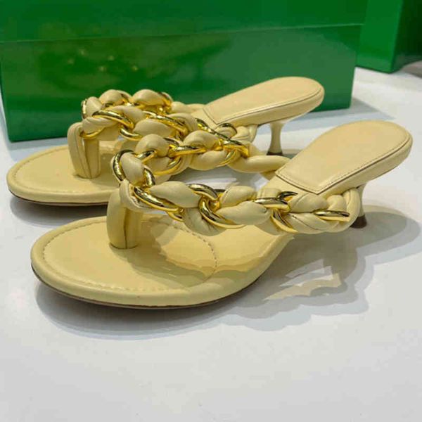 

80% off store online summer fashion round toe metal weave chain flip-flops woman genuine leather heel slippers muller heels lady, Black