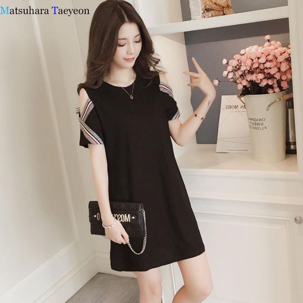

casual dresses summer tshirt dress women black loose korean style off shoulder straight women's mid length t-shirt, Black;gray