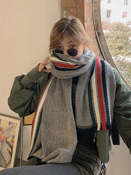

korean color matching rainbow stripe scarf for women's winter thickened shawl, long imitation cashmere knitted bib, Blue;gray
